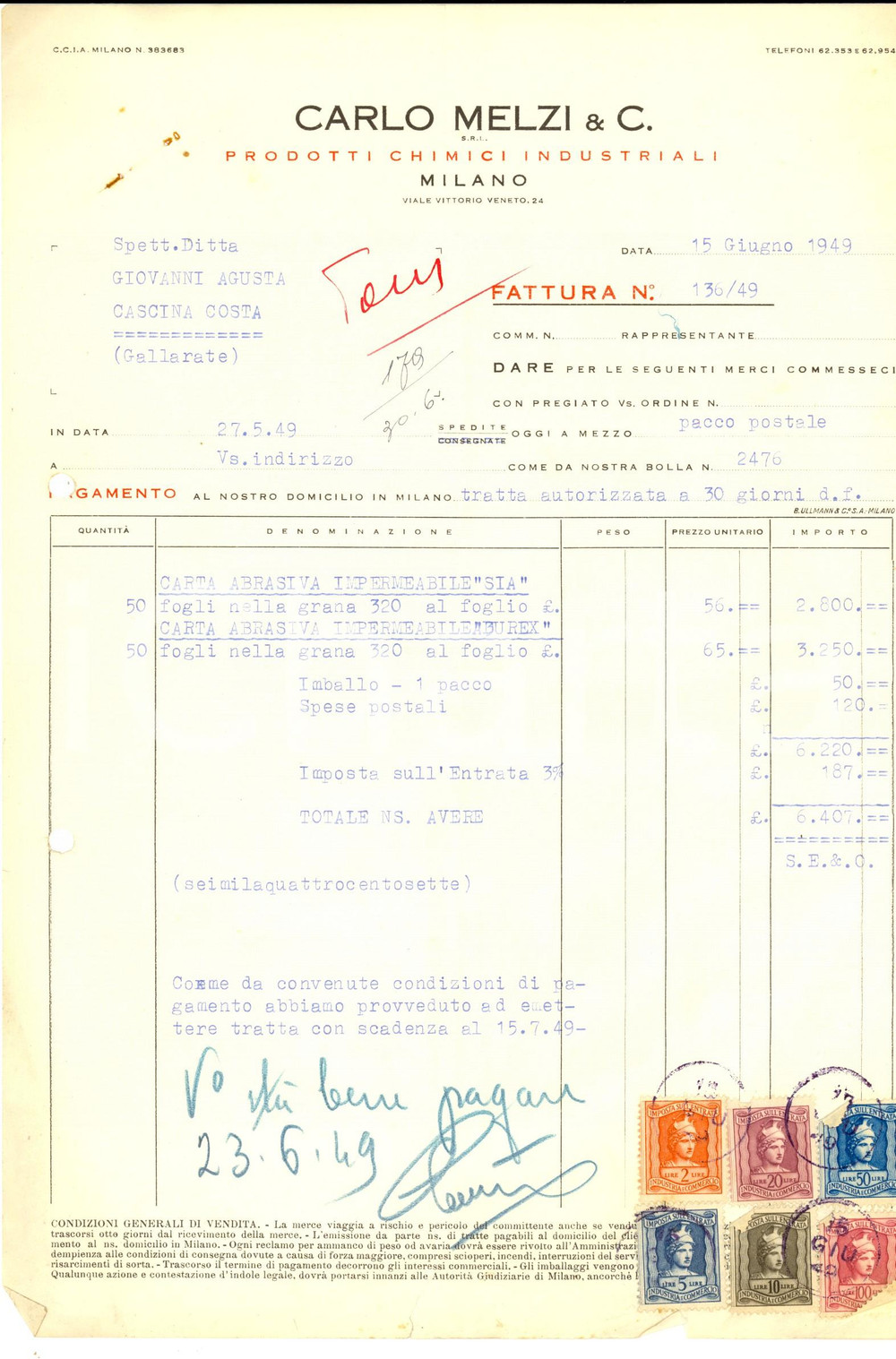 Documento originale, autentico 1943 MILANO Ditta Carlo MELZI Prodotti chimici industriali Fattura intestata 1