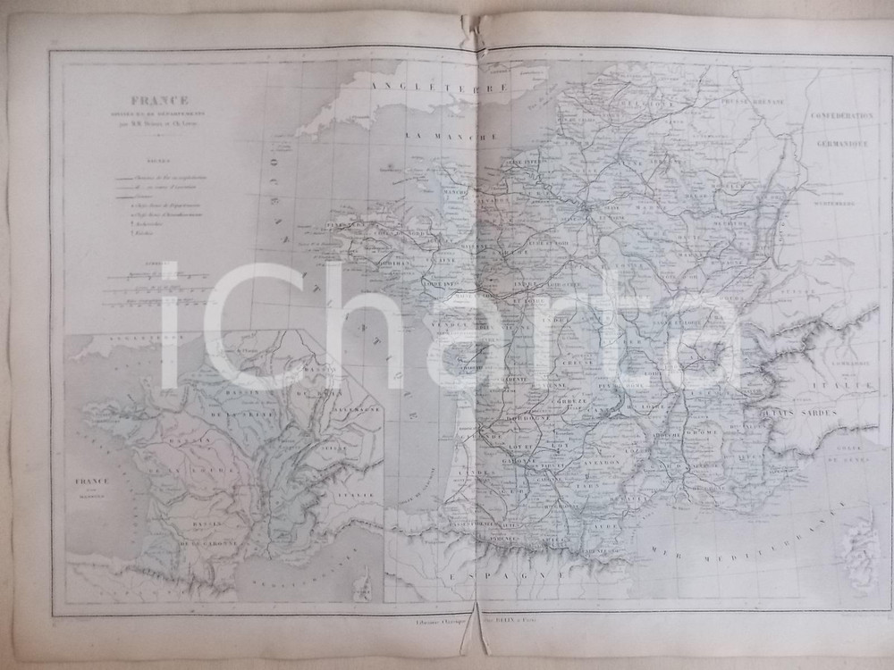 Stampa, bozzetto originale 1861 PARIS DRIOUX LEROY Atlas universel Carte FRANCE divisÃ©e en dÃ©partements 1