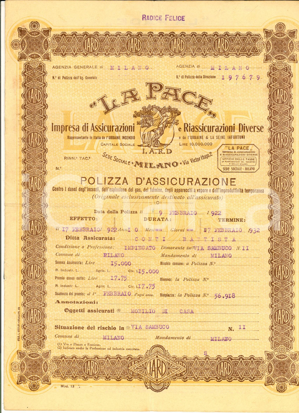 Documento originale, autentico 1922 MILANO LA PACE Polizza assicurazione di Battista CONTI per incendio 1