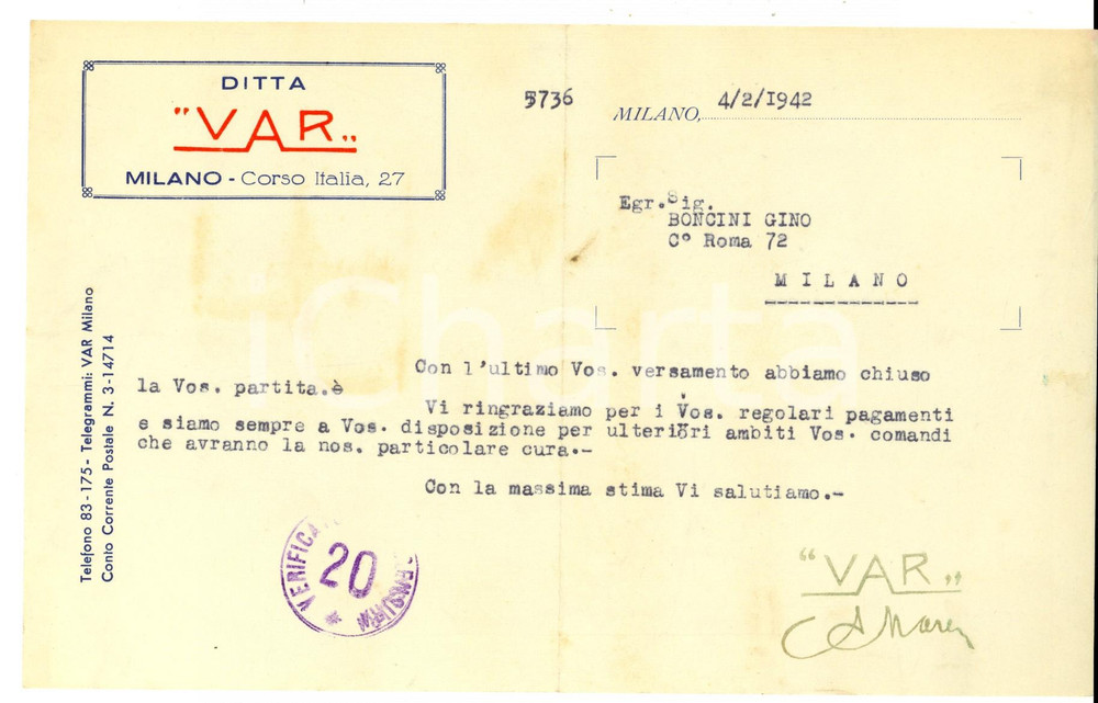 Documento originale, autentico 1942 MILANO Ditta VAR Vendite a rate Lettera commerciale su carta intestata 1
