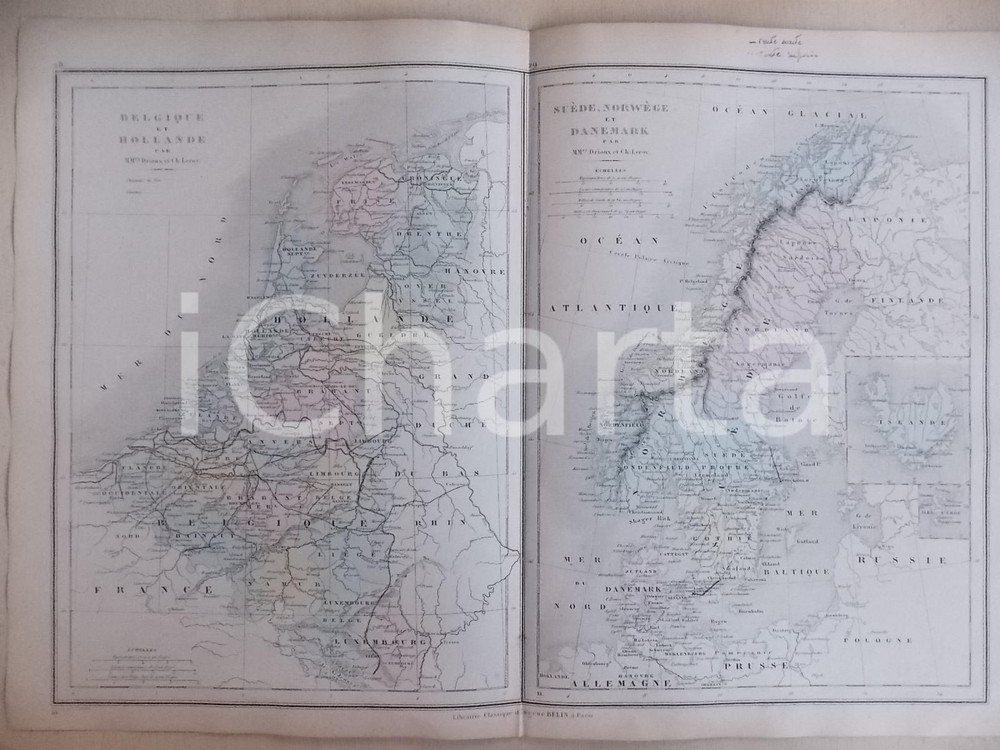 Stampa, bozzetto originale 1861 PARIS DRIOUX  LEROY Atlas universel Carte BELGIQUE HOLLANDE SUEDE NORVEGE 1