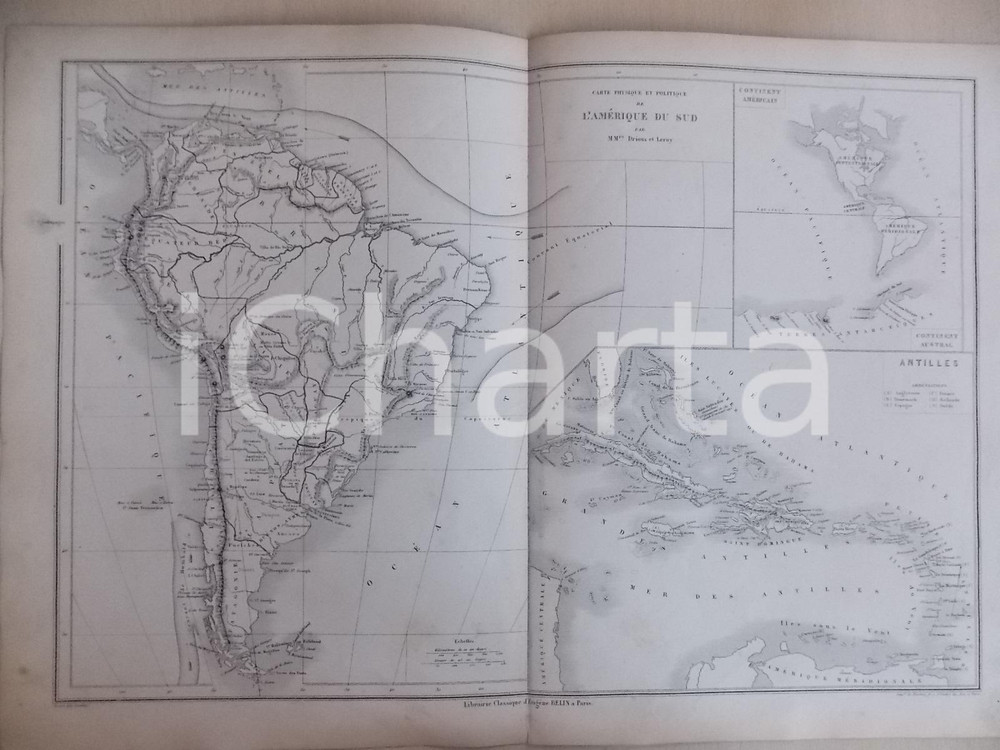 Stampa, bozzetto originale 1861 DRIOUX  LEROY Atlas universel Carte AMERIQUE DU SUD physique et politique 1