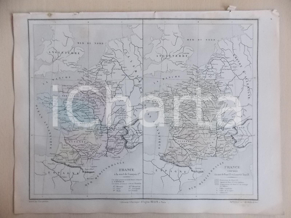 Stampa, bozzetto originale 1861 PARIS DRIOUX  LEROY Atlas universel Carte FRANCE mort de FranÃ§ois Ier 1