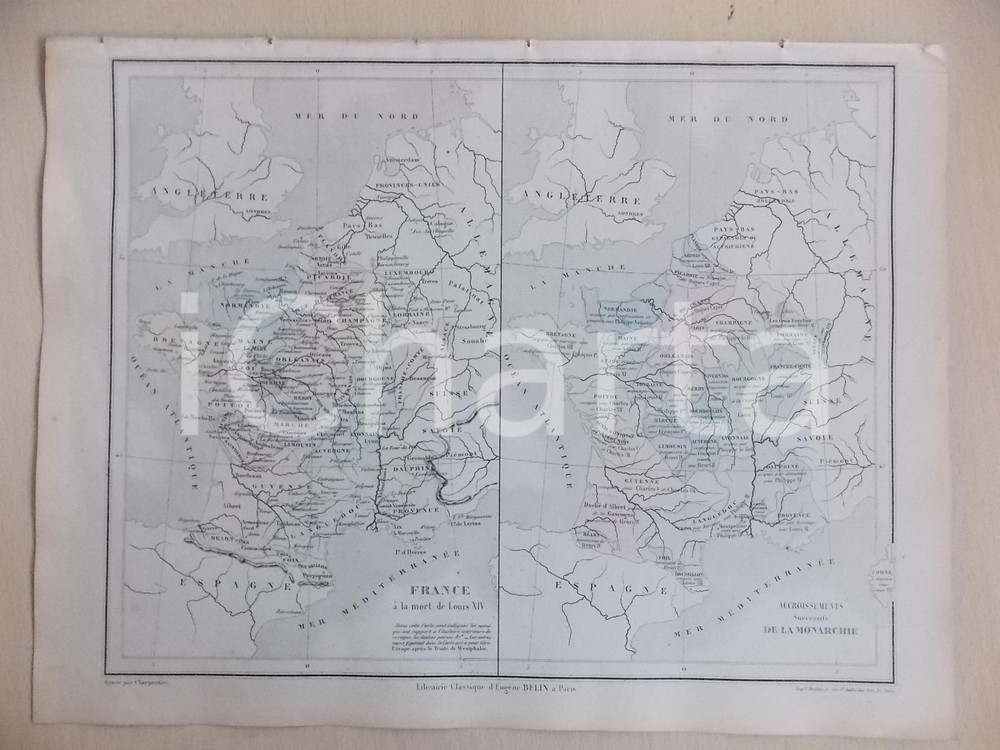 Stampa, bozzetto originale 1861 PARIS DRIOUX  LEROY Atlas universel Carte FRANCE mort de Louis XIV 1