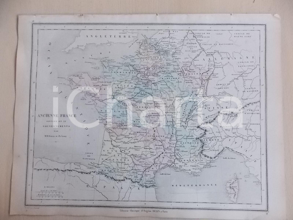 Stampa, bozzetto originale 1861 PARIS DRIOUX  LEROY Atlas universel Carte FRANCE en 32 gouvernements 1