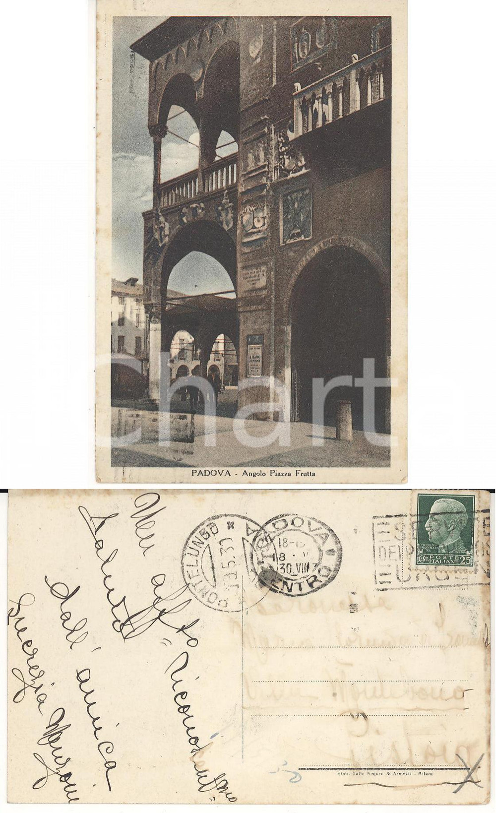 Cartolina originale da collezione 1930 PADOVA Piazza Frutta Lucrezia MANZONI a baronessa Maria DE FRANCESCHI 1