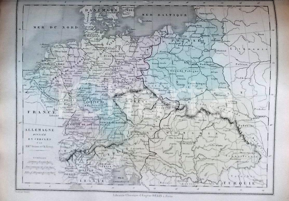 Stampa, bozzetto originale 1861 PARIS DRIOUX  LEROY Atlas universel Carte ALLEMAGNE divisÃ©e en cercles 1