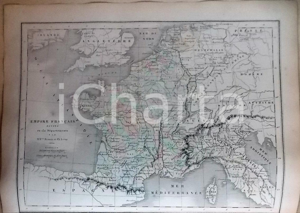 Stampa, bozzetto originale 1861 PARIS DRIOUX  LEROY Atlas universel Carte FRANCE en 130 dÃ©partements 1