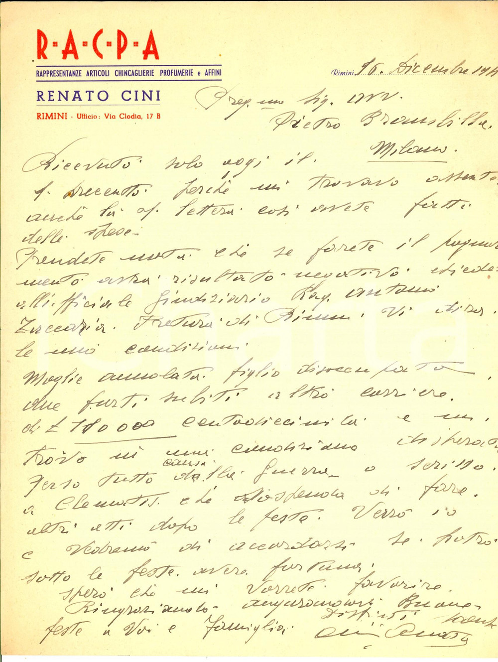 Documento originale, autentico 1947 RIMINI Renato CINI Chincaglierie profumerie e affini Lettera commerciale 1