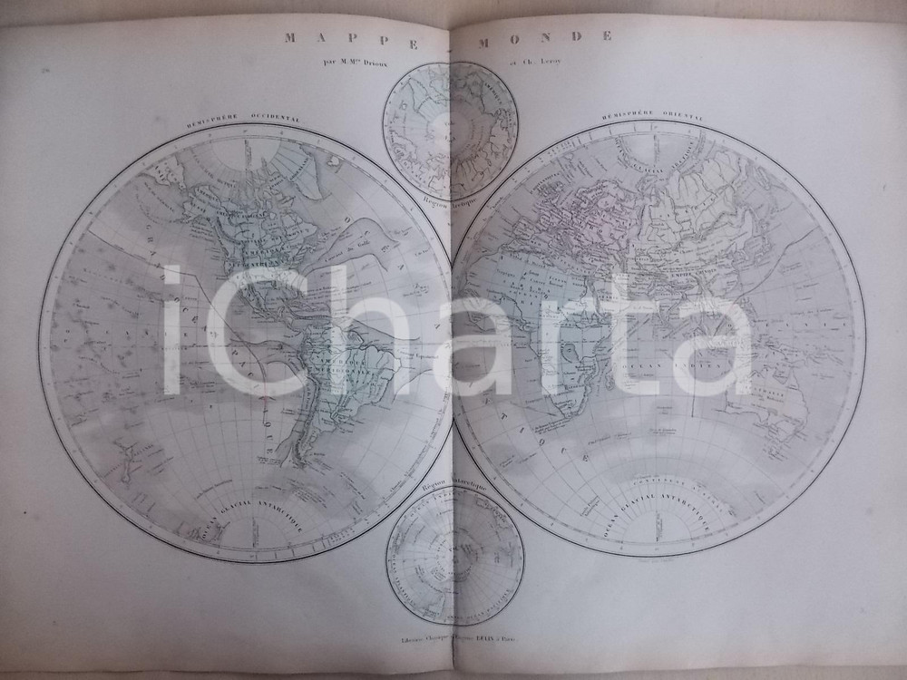 Stampa, bozzetto originale 1861 PARIS DRIOUX  LEROY Atlas universel Mappemonde 47x33 cm 1
