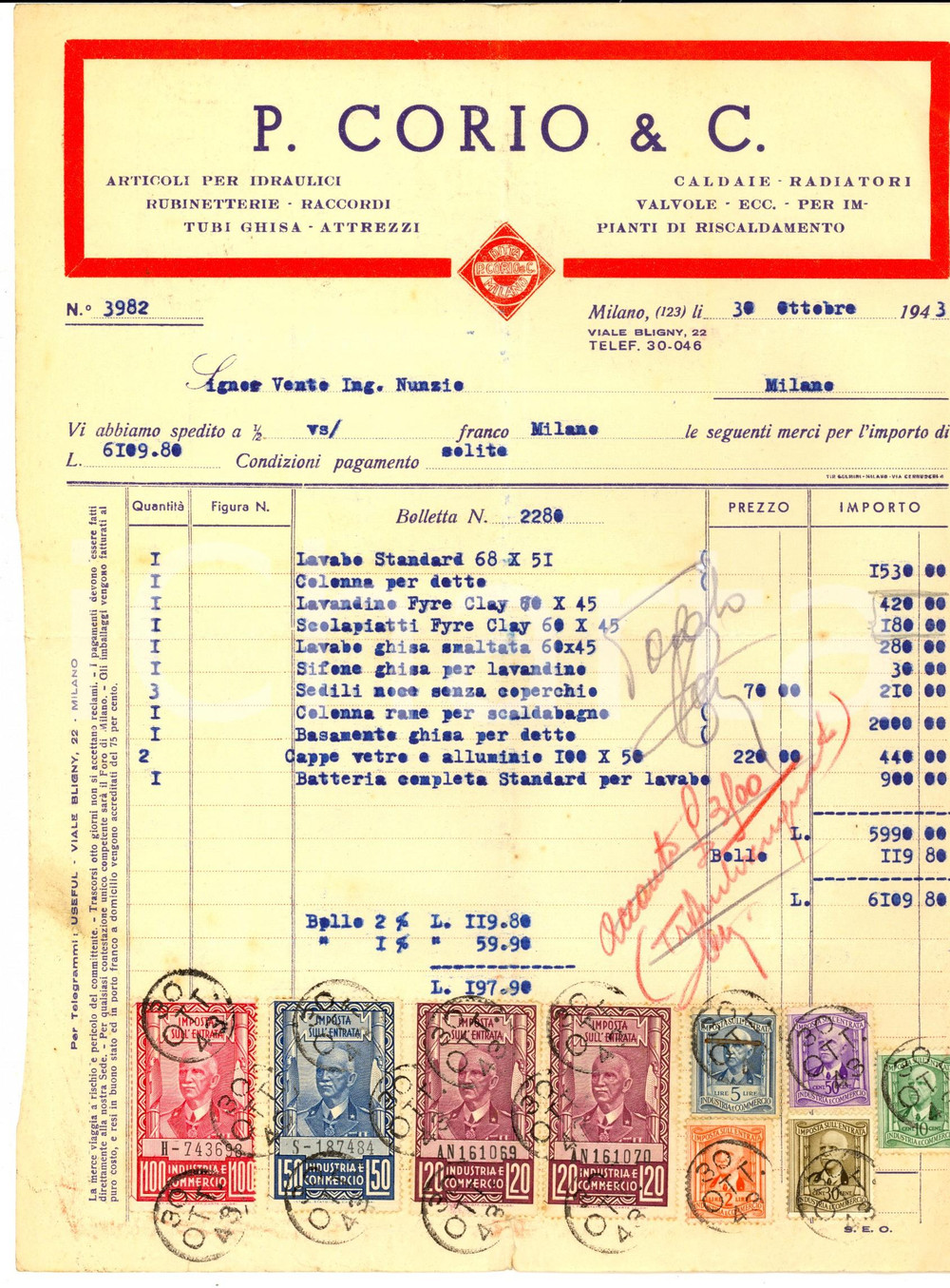Documento originale, autentico 1943 MILANO P. CORIO & C. Articoli per idraulici e rubinetterie Fattura 1