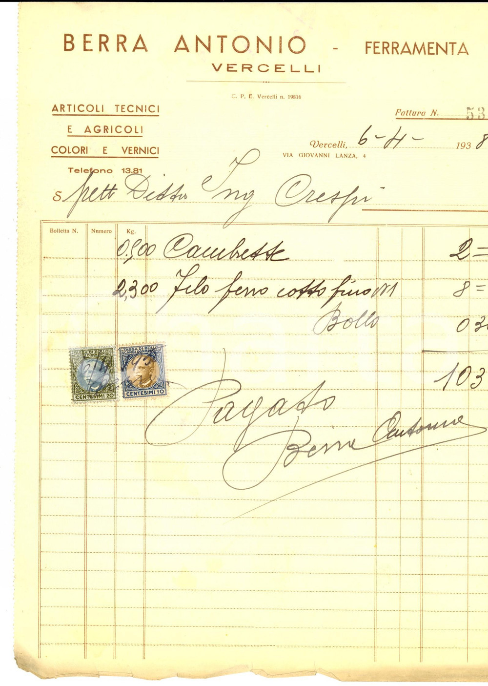 Documento originale, autentico 1938 VERCELLI Antonio BERRA Ferramenta e articoli tecnici Fattura intestata 1