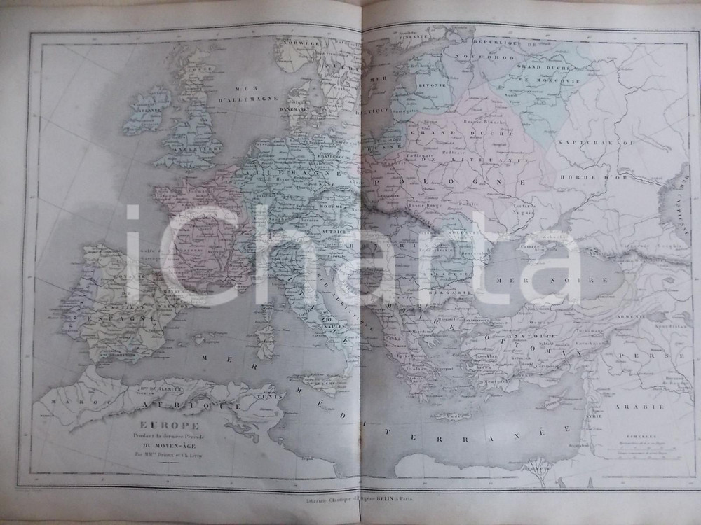 Stampa, bozzetto originale 1861 PARIS DRIOUX  LEROY Atlas universel Carte EUROPE Moyen Age  47x33 cm 1