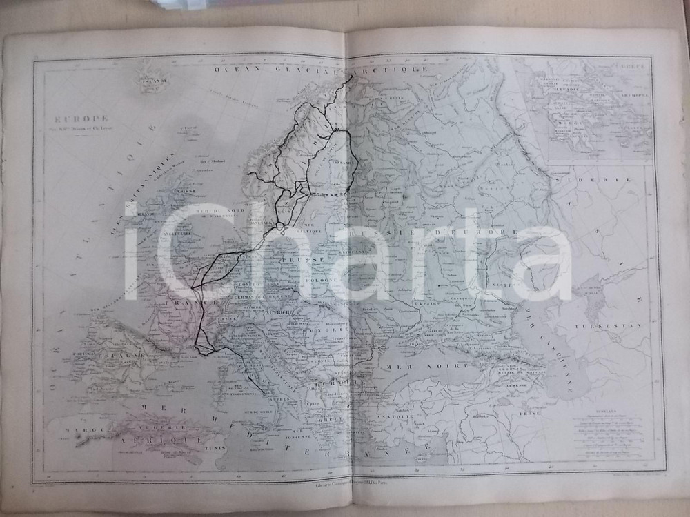 Stampa, bozzetto originale 1861 PARIS DRIOUX  LEROY Atlas universel Carte EUROPE 47x33 cm ed. BELIN 1