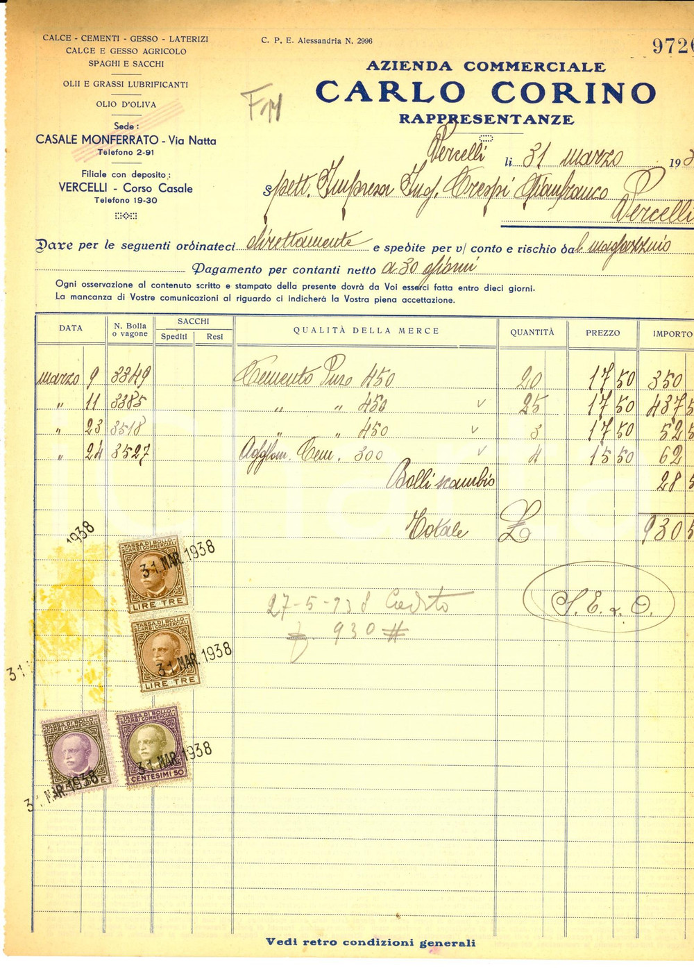 Documento originale, autentico 1938 VERCELLI Azienda commerciale Carlo CORINO rappresentanze Fattura intestata 1