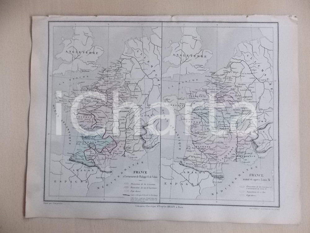Stampa, bozzetto originale 1861 PARIS DRIOUX  LEROY Atlas universel Carte FRANCE sous Philippe VI Valois 1