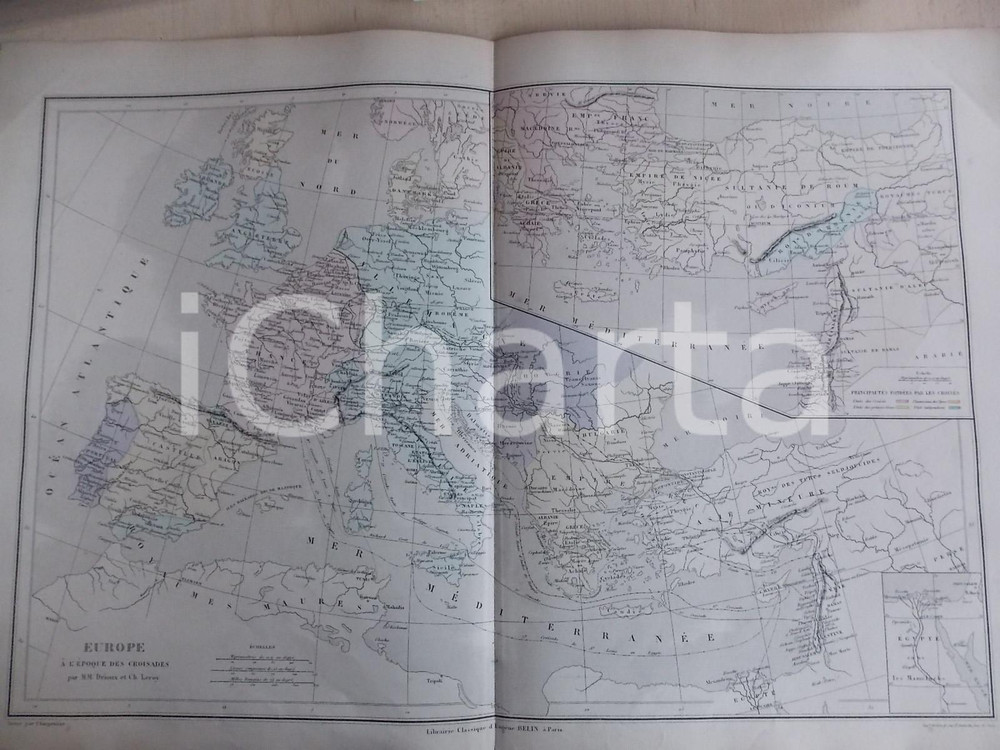Stampa, bozzetto originale 1861 PARIS DRIOUX  LEROY Atlas universel Carte EUROPE Croisades 47x33 cm 1