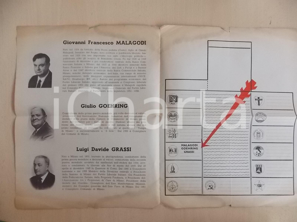 Materiale pubblicitario d’epoca 1953 MILANO ELEZIONI Propaganda PLI  Voto a MALAGODI GOEHRING GRASSI Pieghevole 1