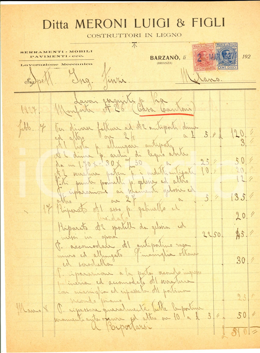 Documento originale, autentico 1927 BARZANO  LC Ditta Luigi MERONI & FIGLI Costruttori in legno Fattura 1