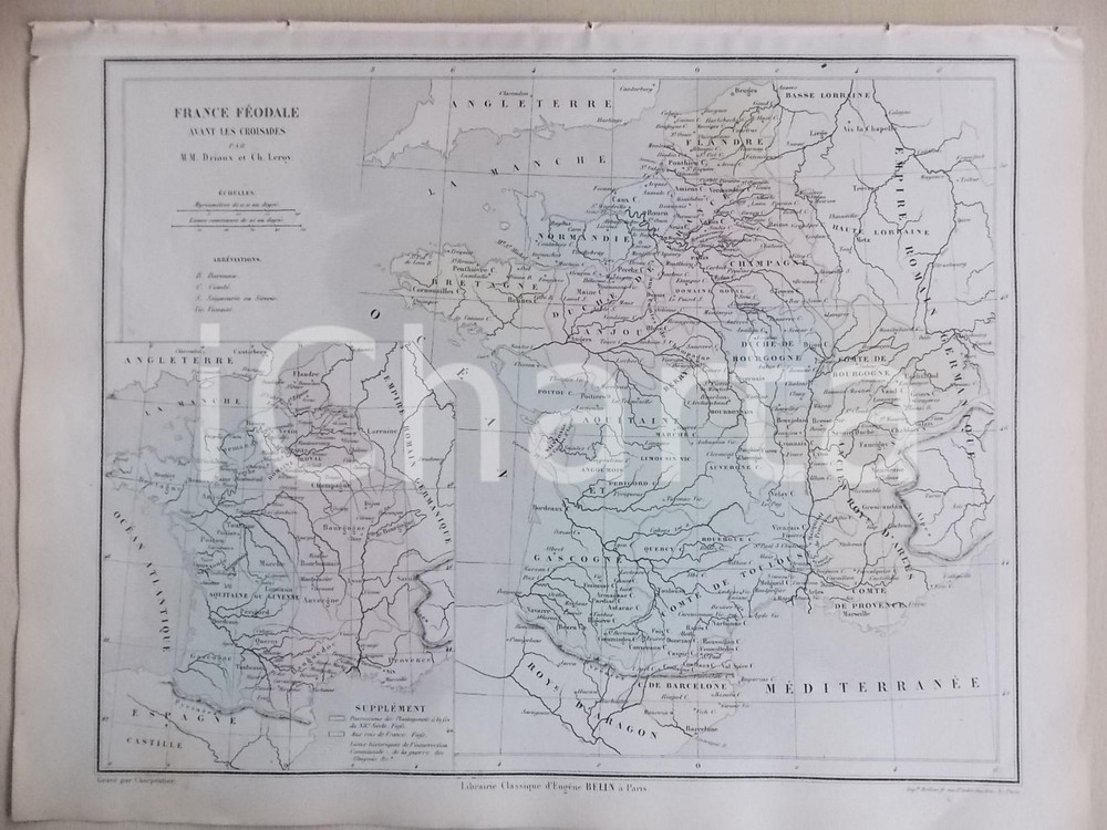 Stampa, bozzetto originale 1861 PARIS DRIOUX  LEROY Atlas universel Carte FRANCE avant les croisades 1
