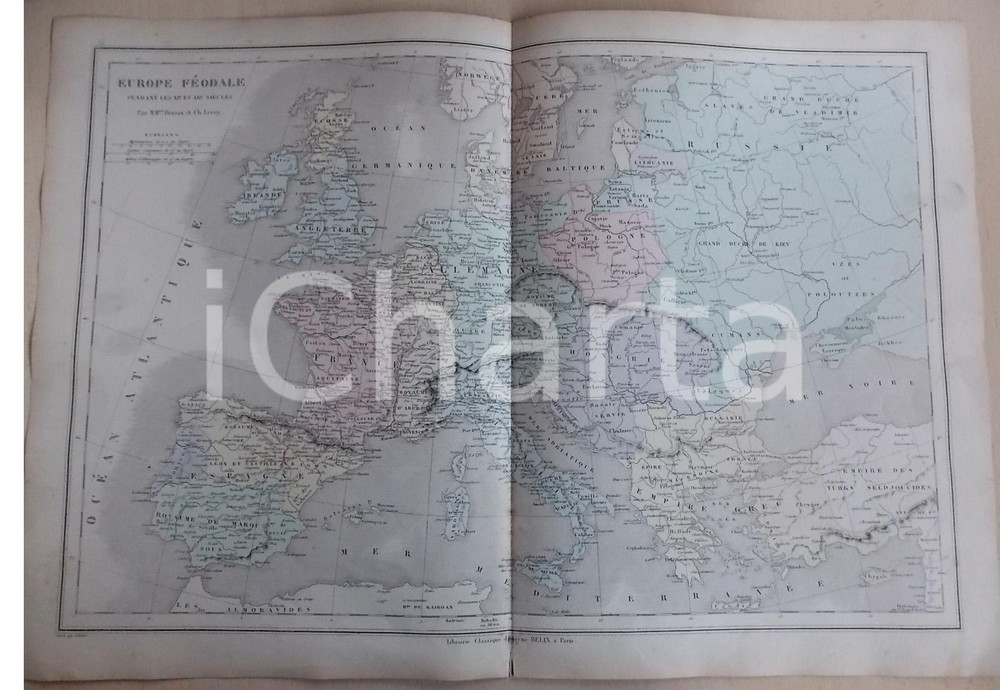 Stampa, bozzetto originale 1861 PARIS DRIOUX  LEROY Atlas universel Carte EUROPE FÃ©odale 47x33 cm 1