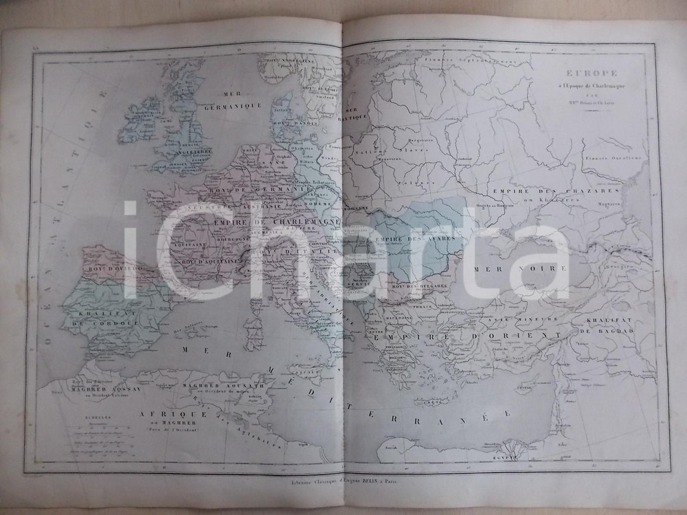 Stampa, bozzetto originale 1861 PARIS DRIOUX  LEROY Atlas universel Carte EUROPE  Ã©poque de Charlemagne 1