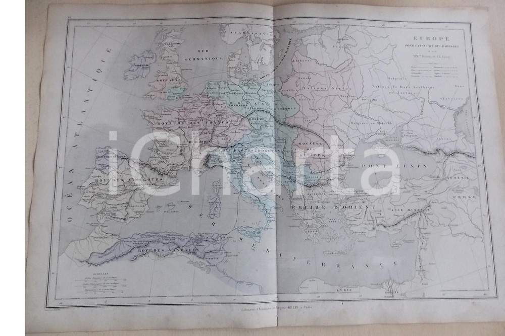 Stampa, bozzetto originale 1861 PARIS DRIOUX  LEROY Atlas universel Carte EUROPE invasion barbares 44x37 1