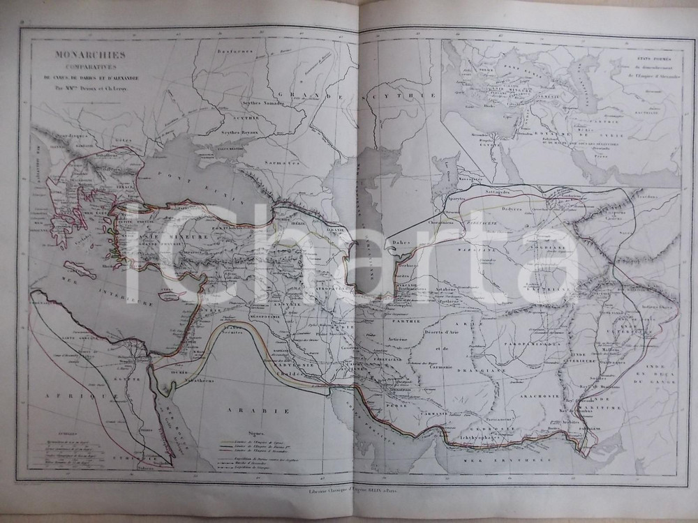 Stampa, bozzetto originale 1861 PARIS DRIOUX LEROY Atlas universel Carte monarchies CYRUS DARIUS ALEXANDRE 1