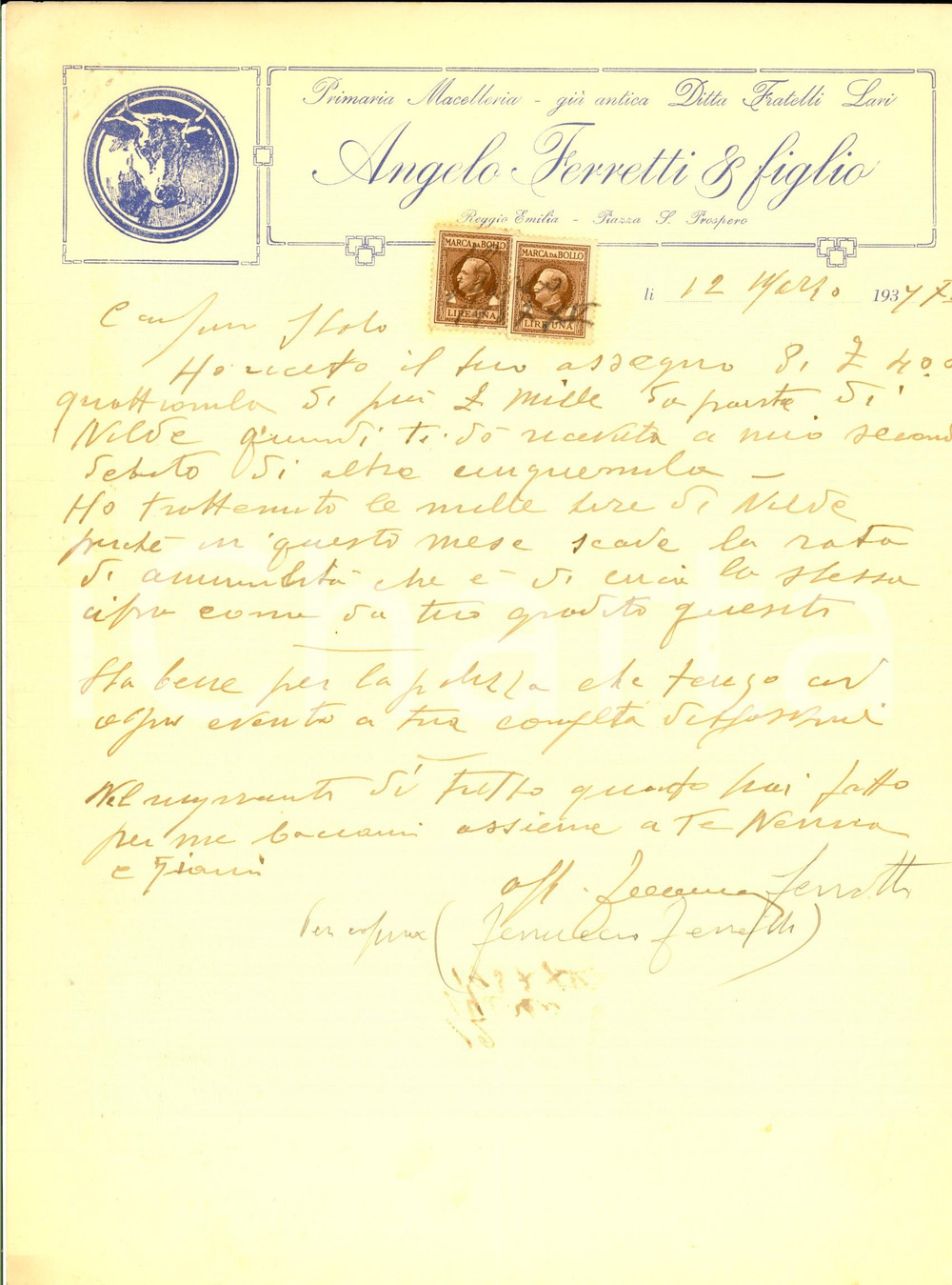 Manoscritto, lettera originale 1937 REGGIO EMILIA Primaria macelleria Angelo FERRETTI Lettera familiare 1