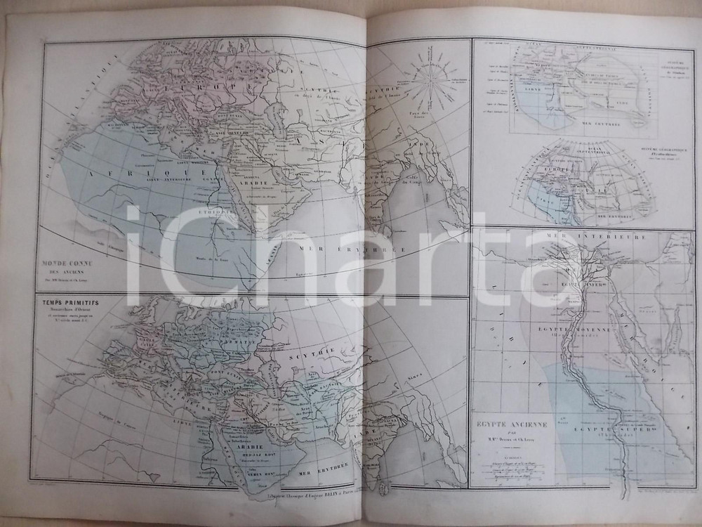 Stampa, bozzetto originale 1861 PARIS DRIOUX  LEROY Atlas universel Carte EGYPTE ancienne 47x33 cm 1