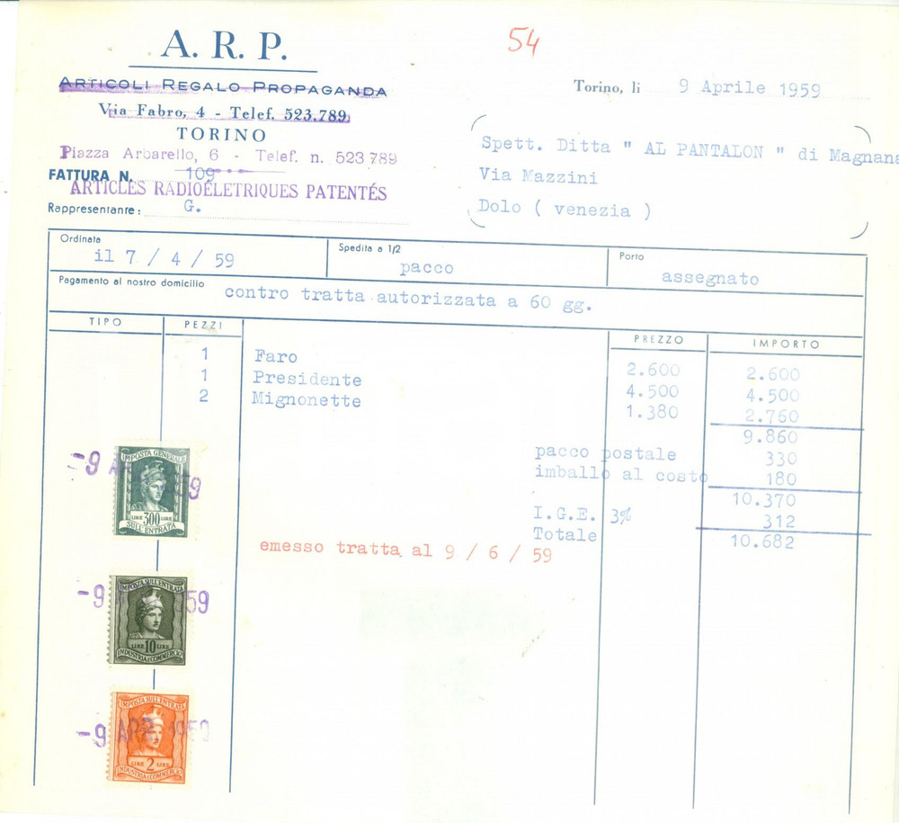 1959 TORINO Articoli Regalo Propaganda A.R.P. *Fattura commerciale