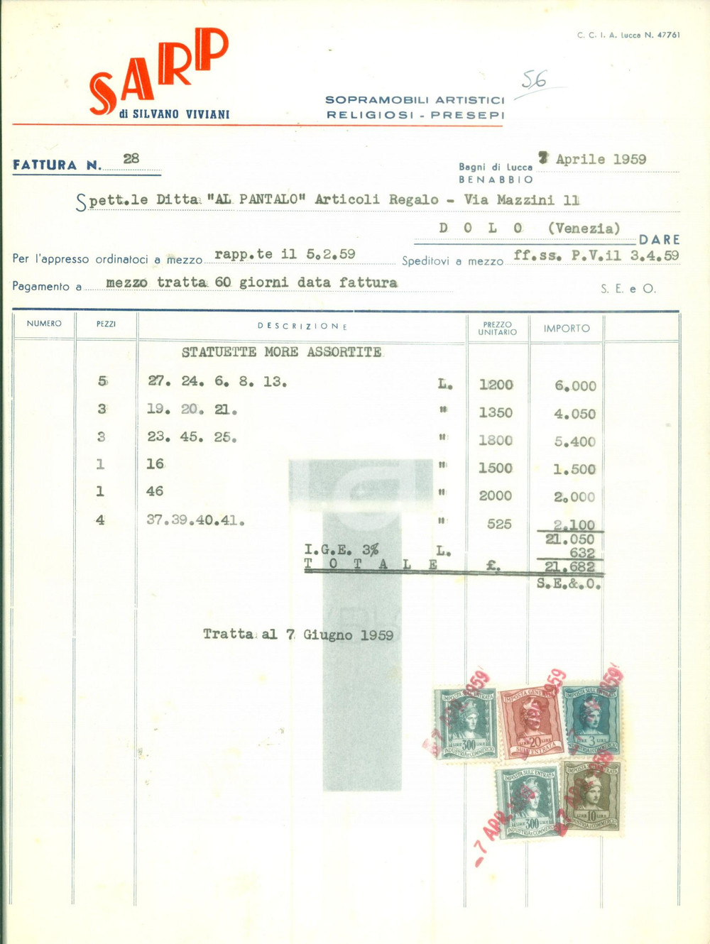 Documento originale, autentico 1959 BAGNI DI LUCCA Sopramobili Artistici Religiosi Presepi SARP Fattura 1