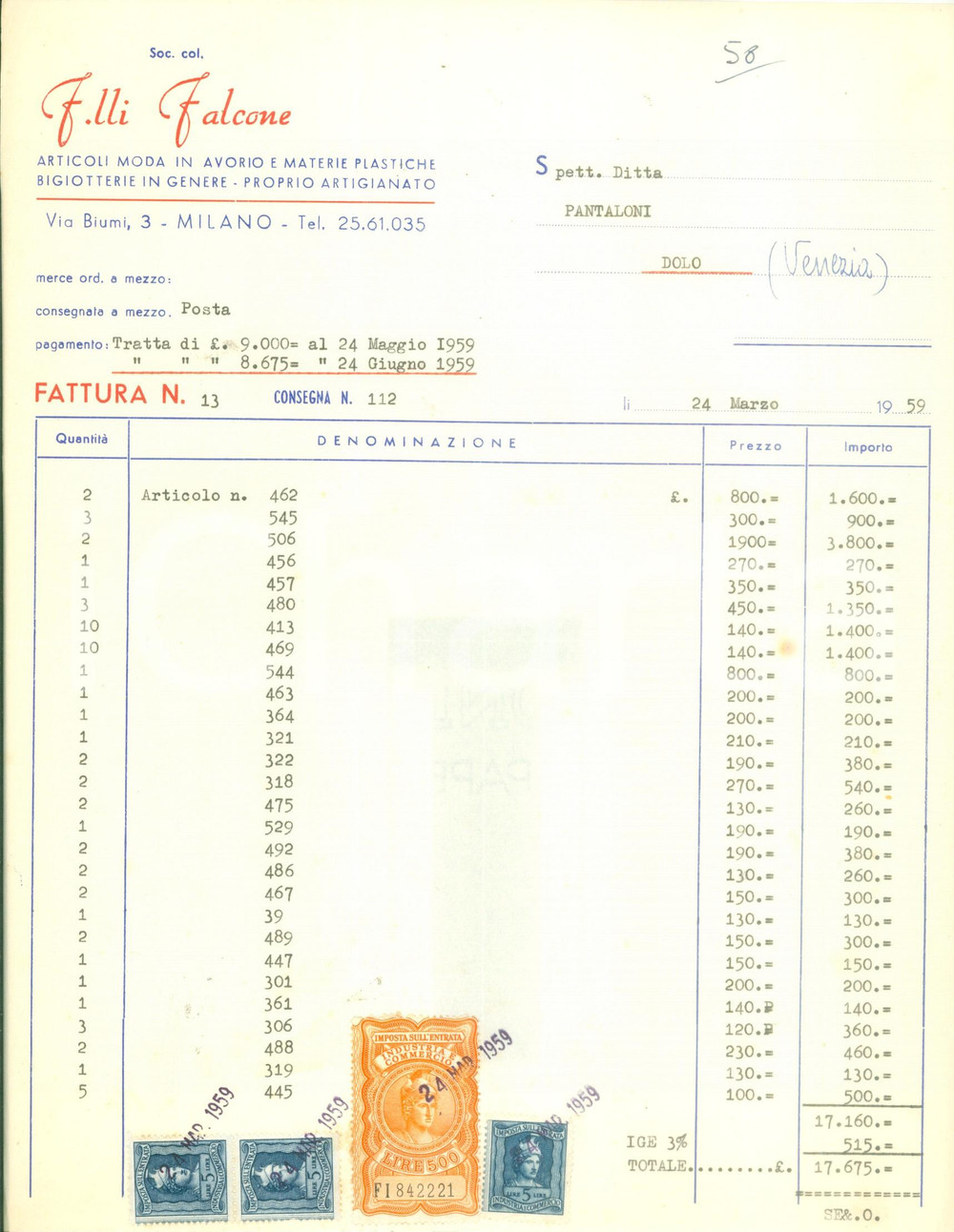 Documento originale, autentico 1959 MILANO Moda in avorio Bigiotterie Fratelli FALCONE Fattura commerciale 1