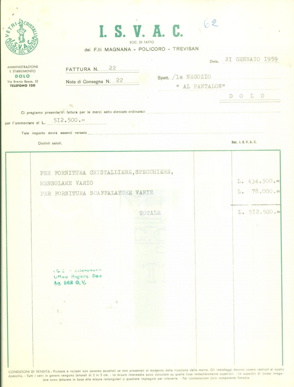 Documento originale, autentico 1959 DOLO Vetri cristalli I.S.V.A.C. Riviera del BRENTA Fattura commerciale 1