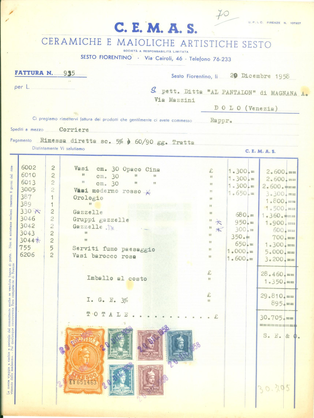 Documento originale, autentico 1958 SESTO FIORENTINO Ceramiche e Maioliche Artistiche C.E.M.A.S. Fattura 1