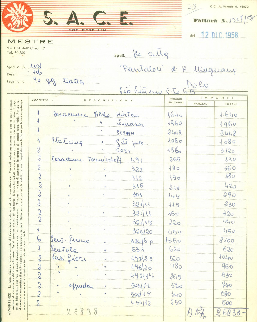 Documento originale, autentico 1958 VENEZIA MESTRE Articoli vari S.A.C.E. Fattura manoscritta 1
