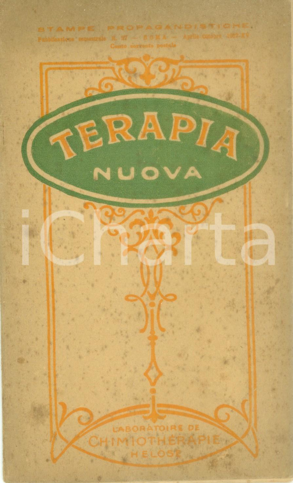 Materiale pubblicitario d’epoca 1937 PARIGI Laboratorio Chimicoterapia HELOSE Terapia nuova Opuscolo pubblicità 1