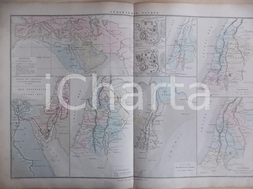 Stampa, bozzetto originale 1861 PARIS DRIOUX  LEROY Atlas universel Carte PALESTINE GÃ©ographie sacrÃ©e 1