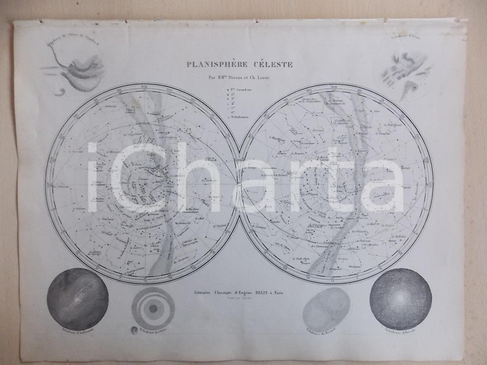 Stampa, bozzetto originale 1861 PARIS DRIOUX  LEROY Atlas universel Carte planisphÃ¨re cÃ©leste ed. BELIN 1