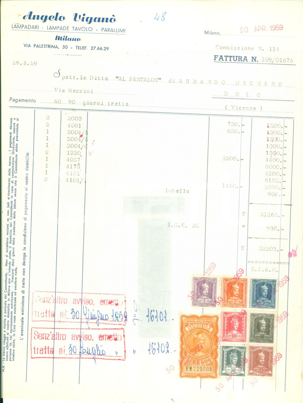 Documento originale, autentico 1959 MILANO Angelo VIGANO  Lampadari lampade tavolo paralumi Fattura commerciale 1