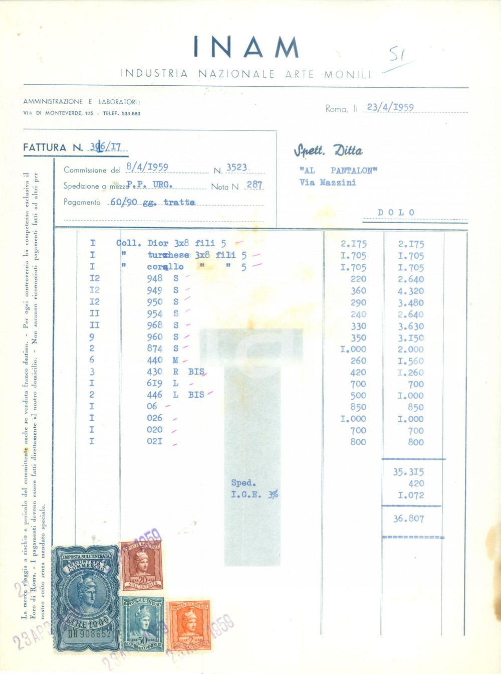 Documento originale, autentico 1959 ROMA Industria Nazionale Arte Monili INAM Fattura commerciale 1