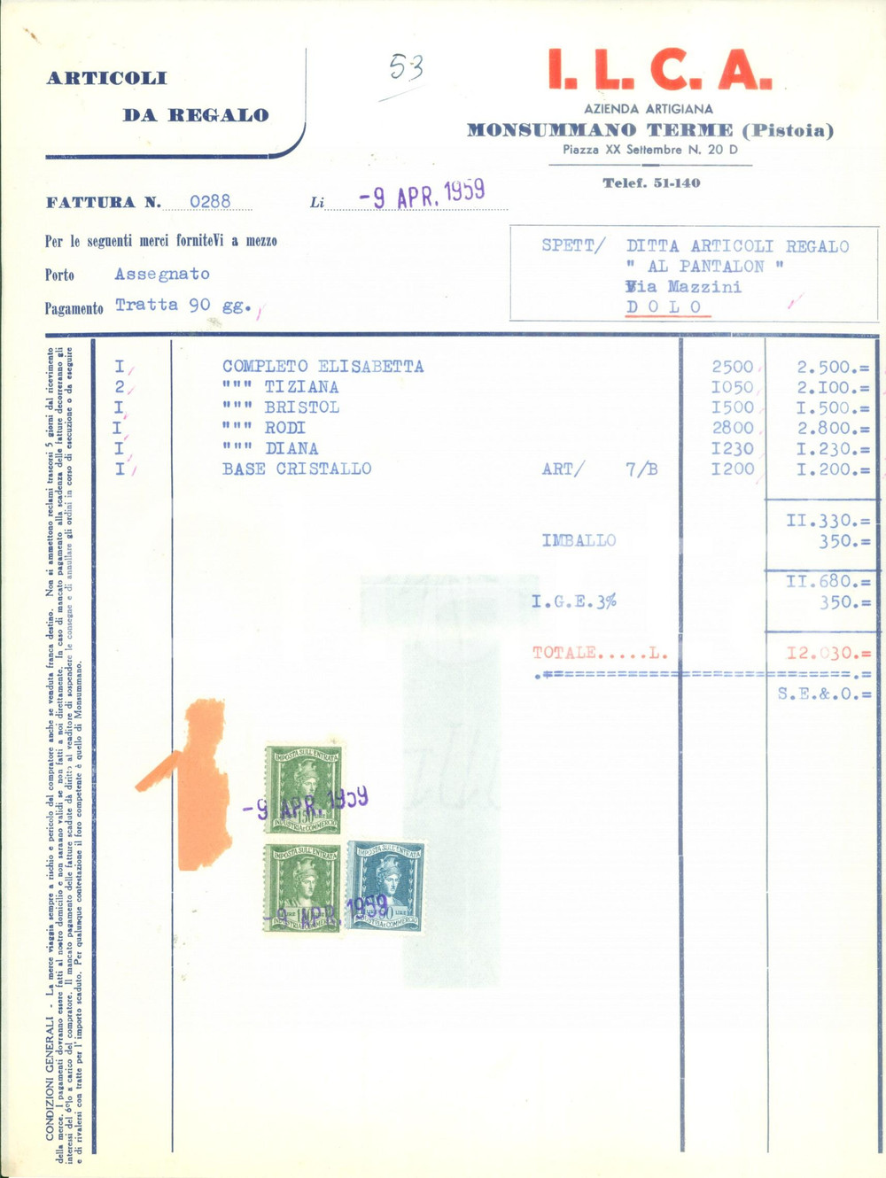 Documento originale, autentico 1959 MONSUMMANO TERME PT Articoli da regalo I.L.C.A. Fattura commerciale 1