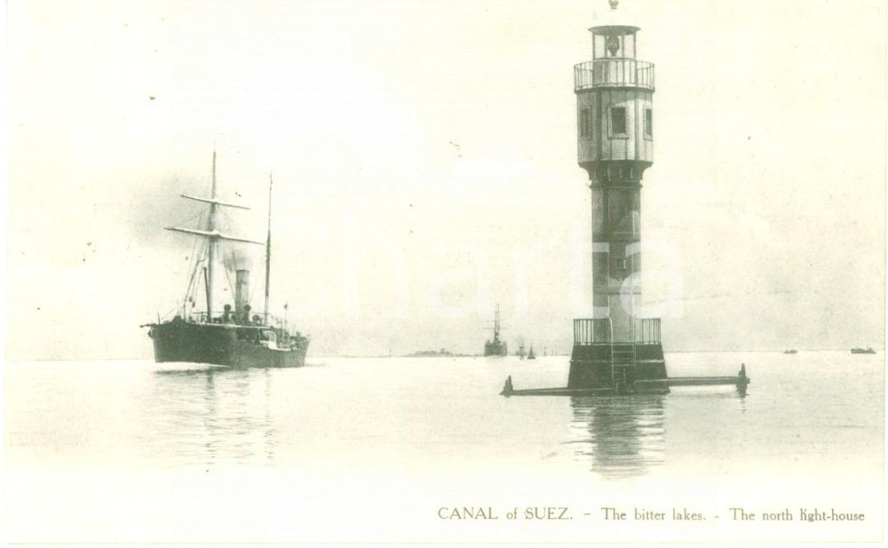 1930 ca PORTO SAID (EGITTO) Piroscafo al faro nel Grande Lago Amaro Cartolina FP