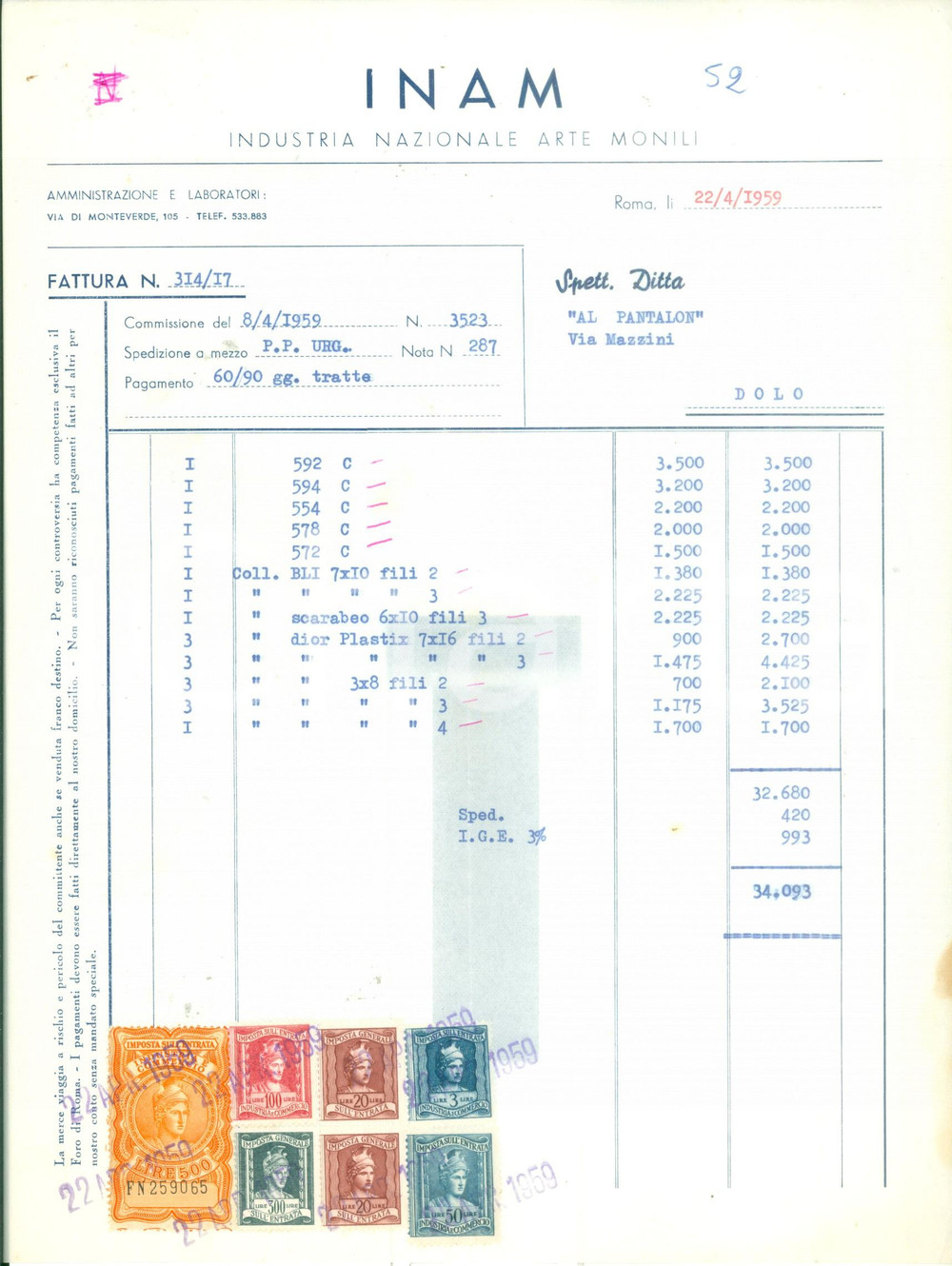 Documento originale, autentico 1959 ROMA Industria Nazionale Arte Monili INAM Fattura commerciale 1