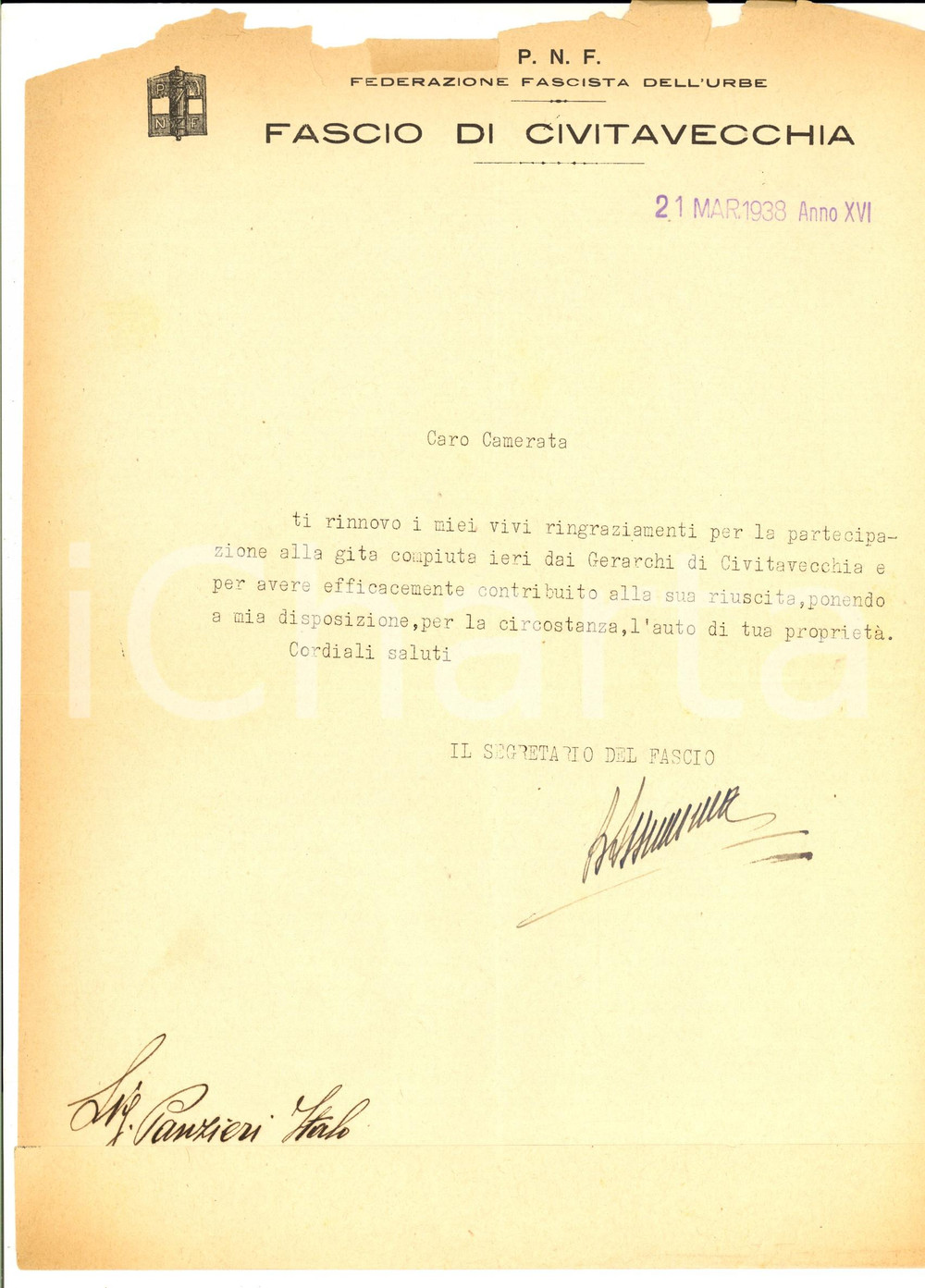 Documento originale, autentico 1938 CIVITAVECCHIA RM Partecipazione Italo PANZIERI alla gita dei gerarchi 1