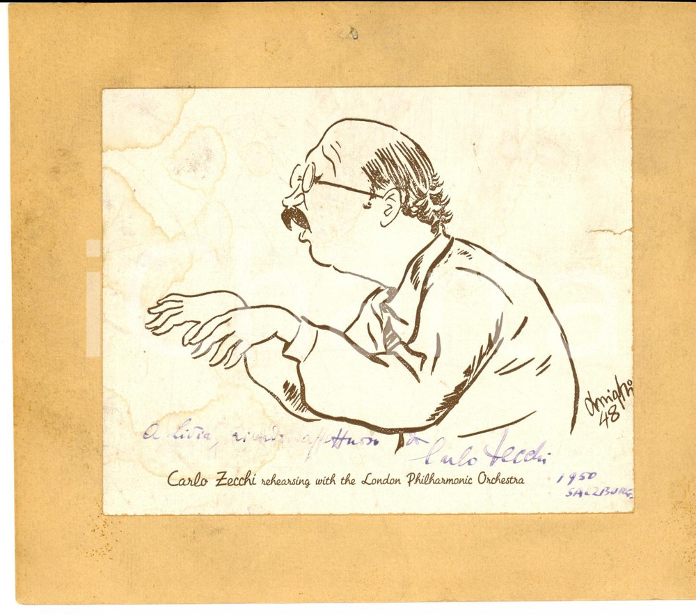 Autografo originale 1950 Carlo ZECCHI dirige LONDON PHILARMONIC Stampa di caricatura con AUTOGRAFO 1