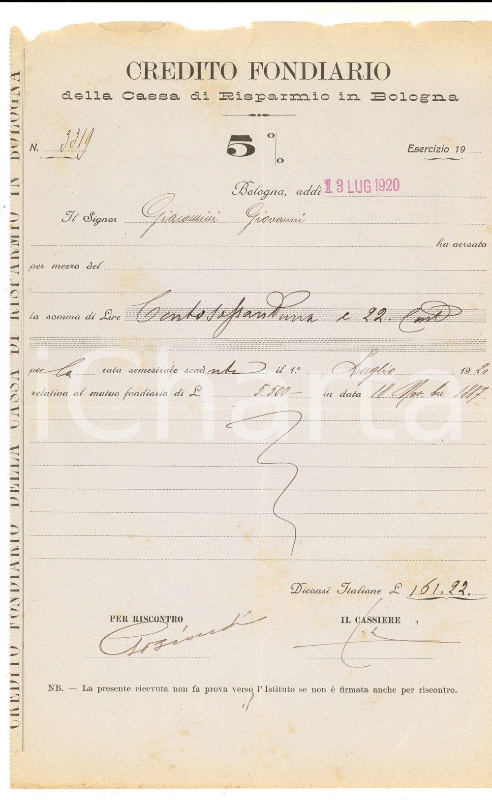 Documento originale, autentico 1920 CASSA DI RISPARMIO DI BOLOGNA Credito fondiario  Rata Giovanni GIACOMINI 1