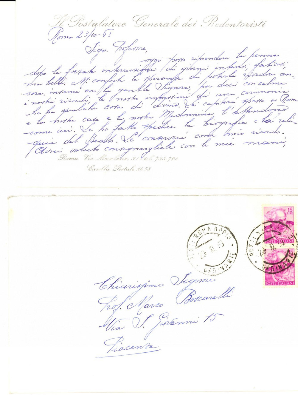 Autografo originale 1963 ROMA Padre Nicola FERRANTE annuncia invio reliquia di Giovanni NEUMANN 1