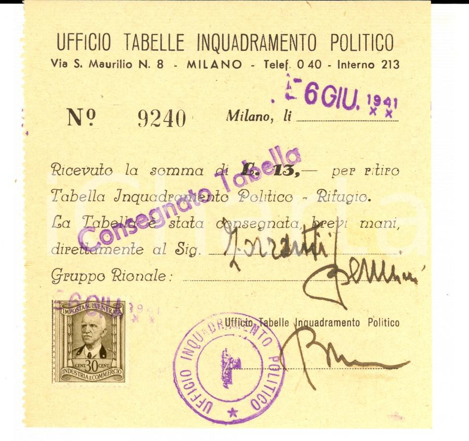 Documento originale, autentico 1941 MILANO Ufficio Inquadramento Politico  Ricevuta tabella ZORZETTI 11x11 1