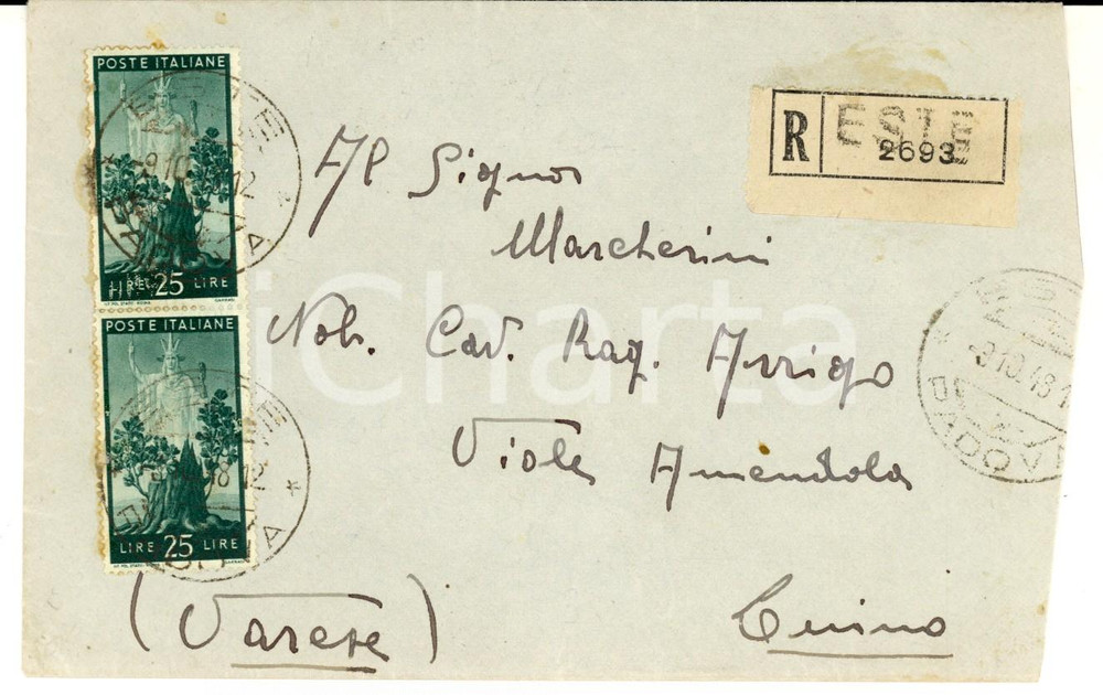 Cartolina originale da collezione 1948 STORIA POSTALE REPUBBLICA Busta affrancata L. 25 su raccomandata 1